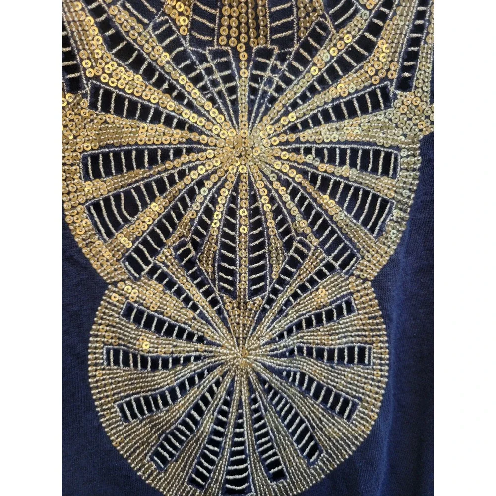 Tory Burch‎ Womens Blue 100% Linen Gold Sequence Scoop Neck Blouse Sz M